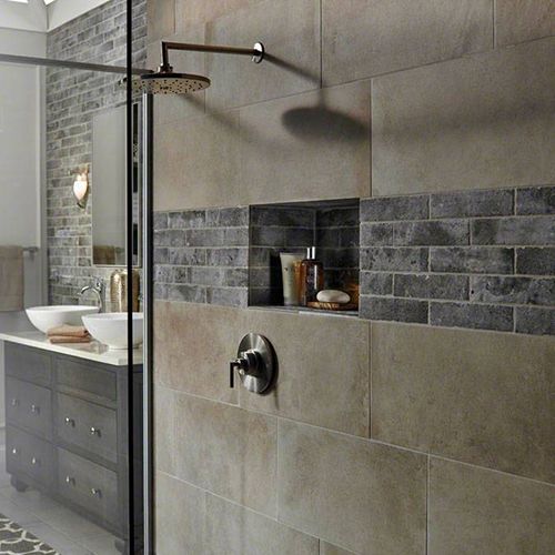 Shower with natural stone wall tile